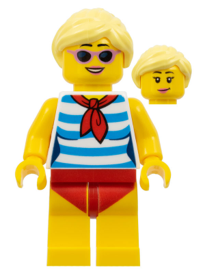 twn352: Ludo Yellow - Female, Dark Azure and White Striped Shirt with Red Scarf, Yellow Legs with Red Swimsuit, Bright Light Yellow Ponytail, Sunglasses